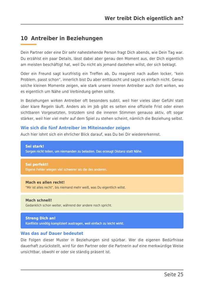 Beispielseite aus dem E-Book: Kapitel 10, Antreiber in Beziehungen, mit farbigen Kästen.