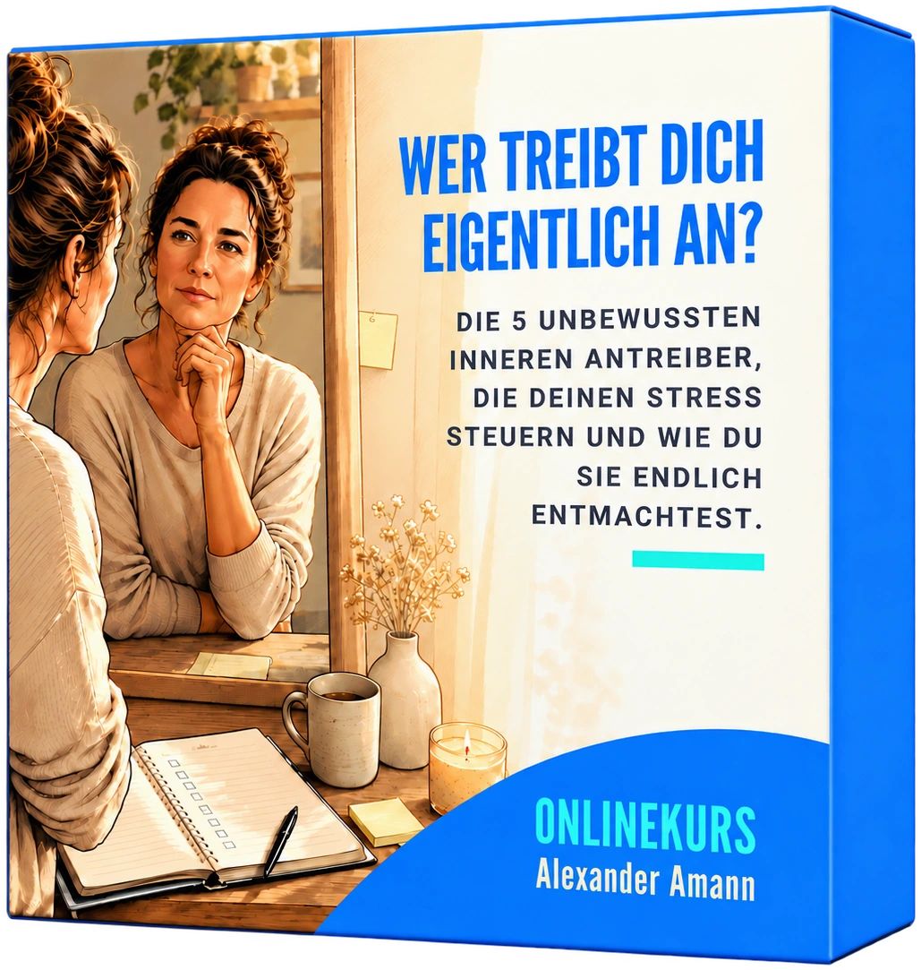 Kursbox des Onlinekurses „Wer treibt Dich eigentlich an?“: Eine Frau schaut nachdenklich in einen Spiegel, vor ihr ein Notizbuch und eine Tasse Tee.