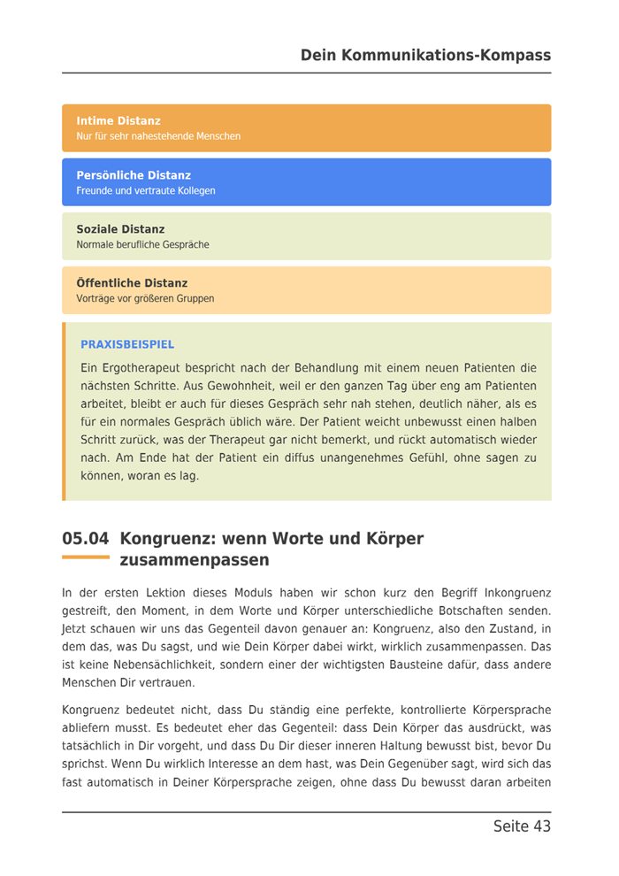 E-Book-Seite mit den vier Distanzzonen und einem Praxisbeispiel zur Kongruenz.