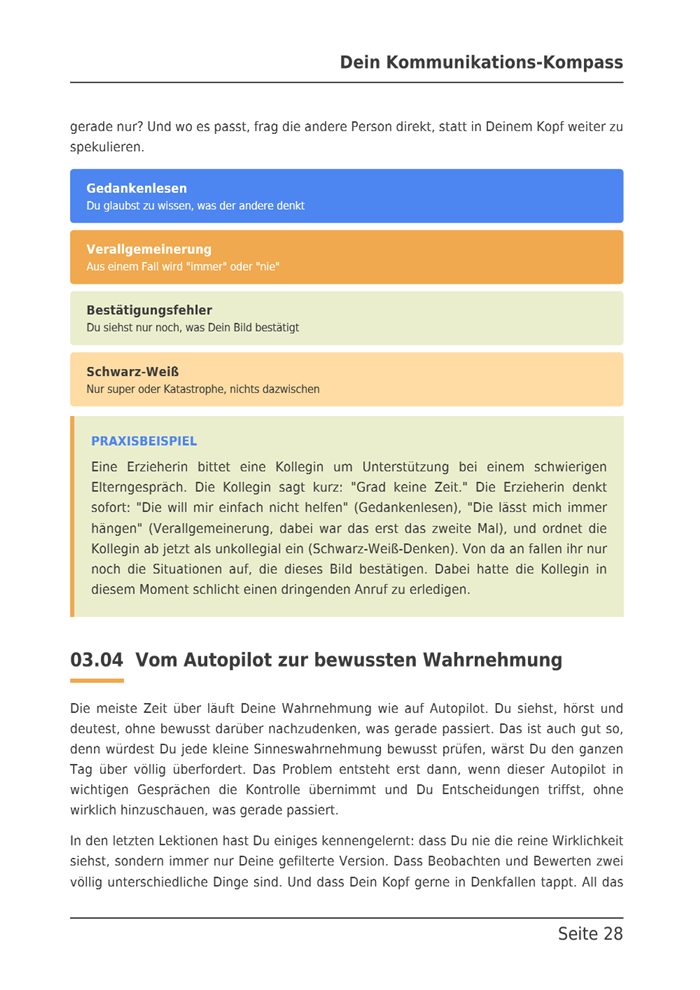 E-Book-Seite mit vier farbigen Kästen zu den häufigsten Denkfallen.