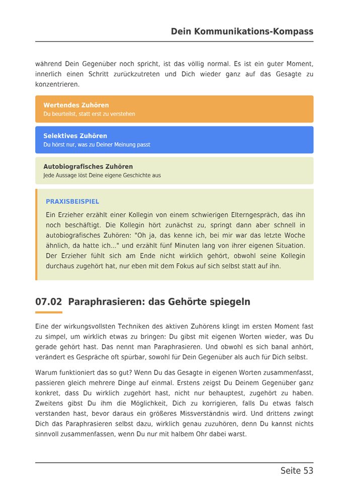 E-Book-Seite zu wertendem, selektivem und autobiografischem Zuhören und zum Paraphrasieren.