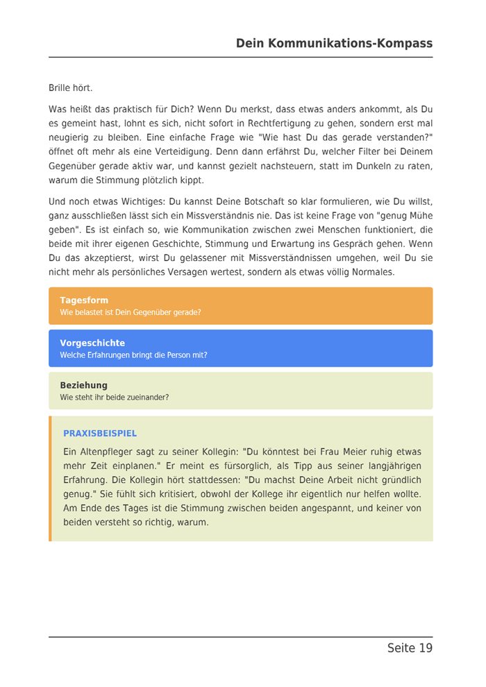 E-Book-Seite mit den Filtern Tagesform, Vorgeschichte und Beziehung und einem Praxisbeispiel.