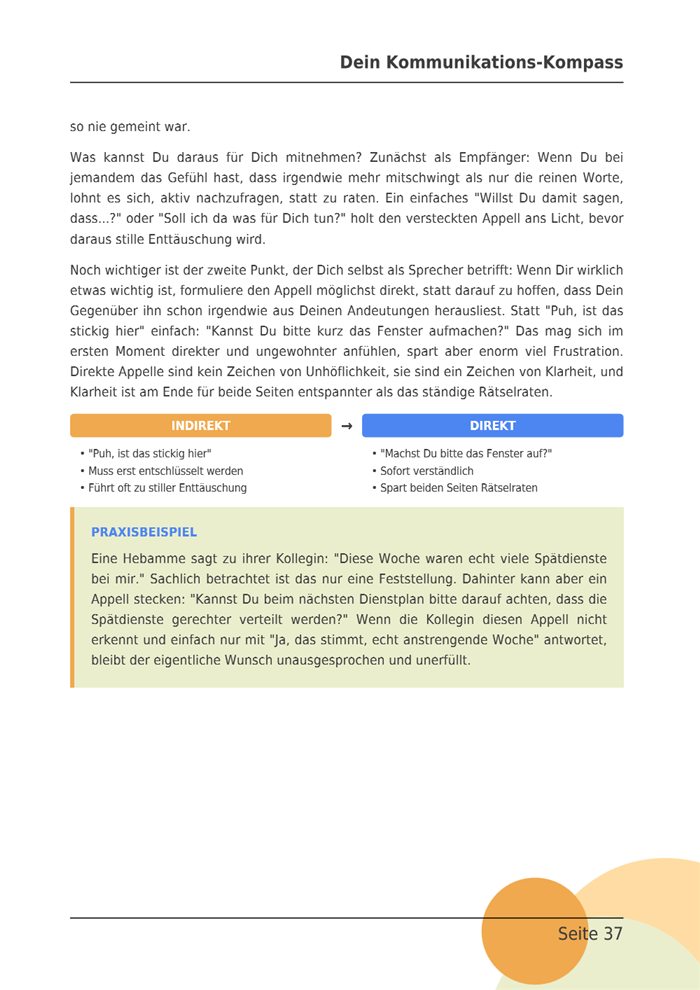 E-Book-Seite mit der Gegenüberstellung indirekter und direkter Formulierungen.
