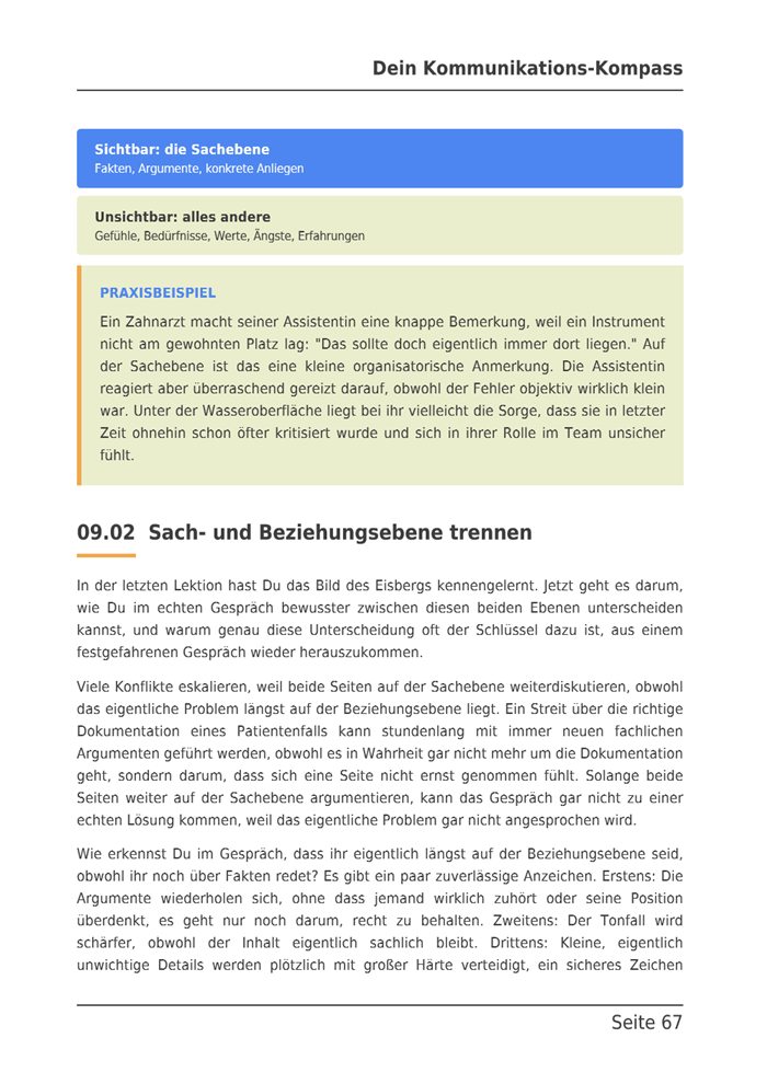 E-Book-Seite zur sichtbaren Sachebene und unsichtbaren Beziehungsebene mit Praxisbeispiel.