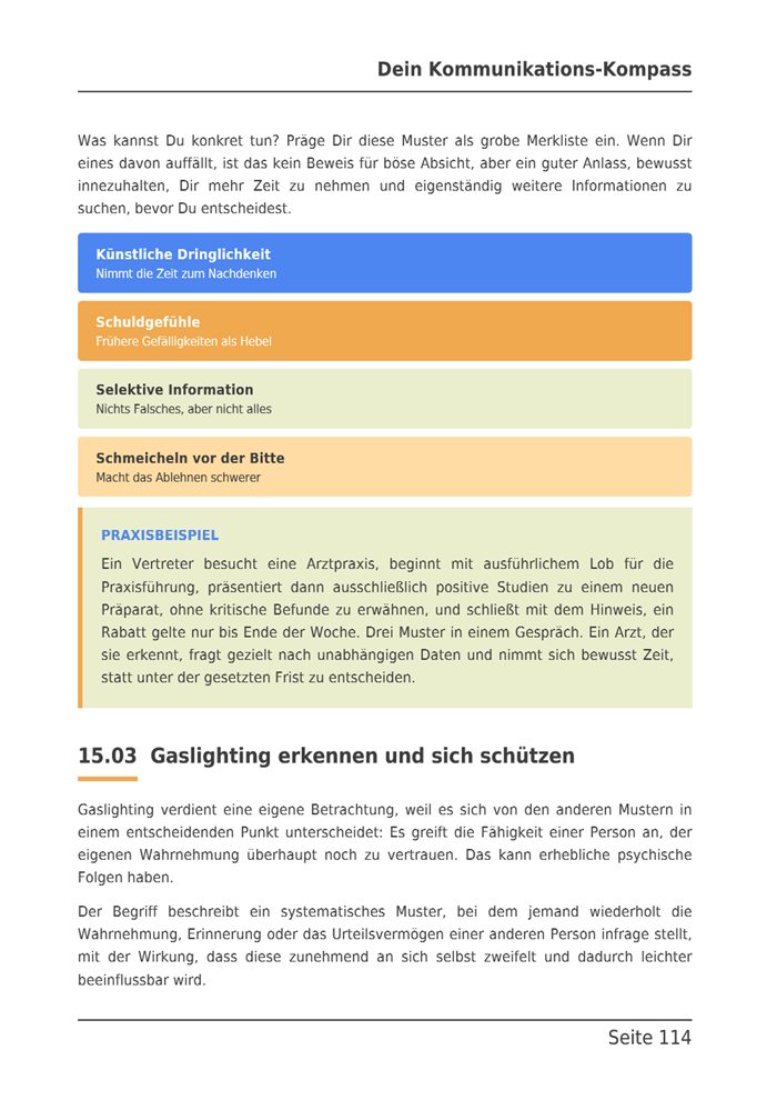 E-Book-Seite mit vier typischen Manipulationsmustern und einem Praxisbeispiel.