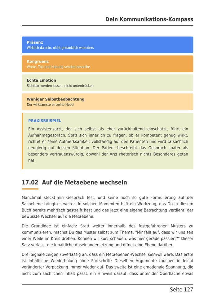 E-Book-Seite zu Präsenz, Kongruenz, echter Emotion und weniger Selbstbeobachtung mit Praxisbeispiel.