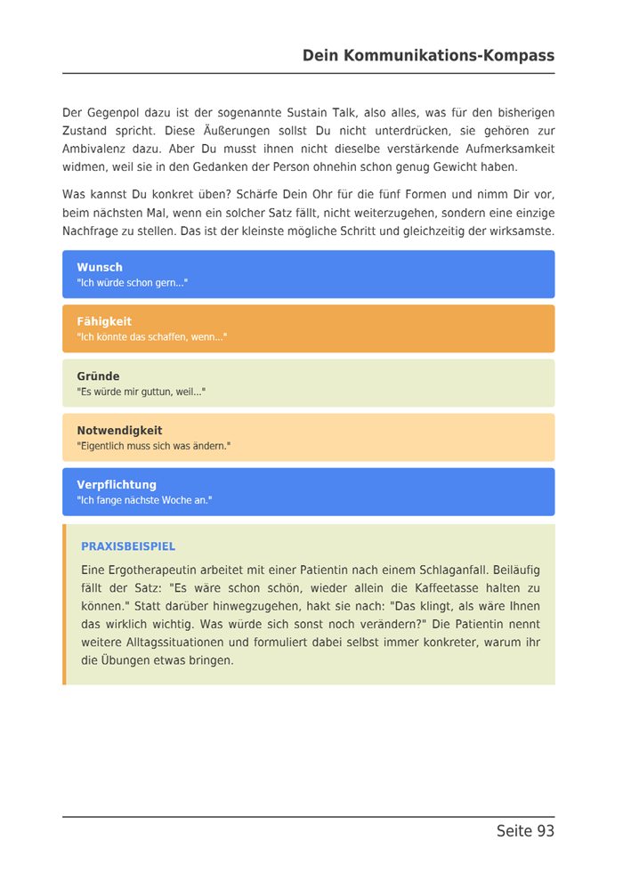 E-Book-Seite mit den fünf Formen von Change Talk als farbige Kästen.