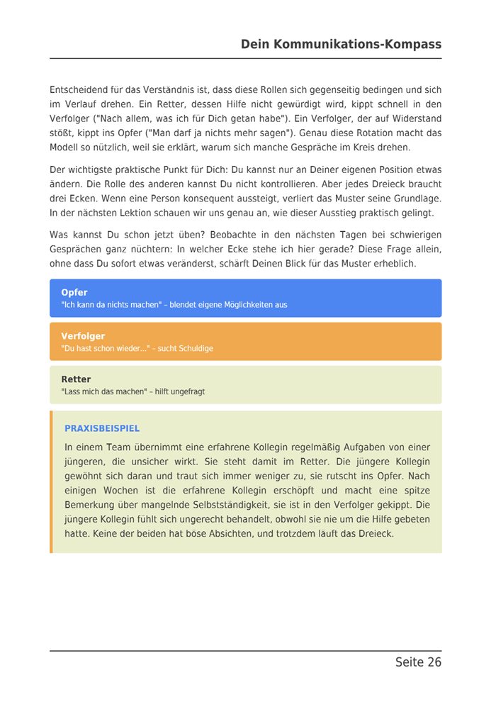 E-Book-Seite zum Drama-Dreieck mit Opfer, Verfolger und Retter und einem Praxisbeispiel.