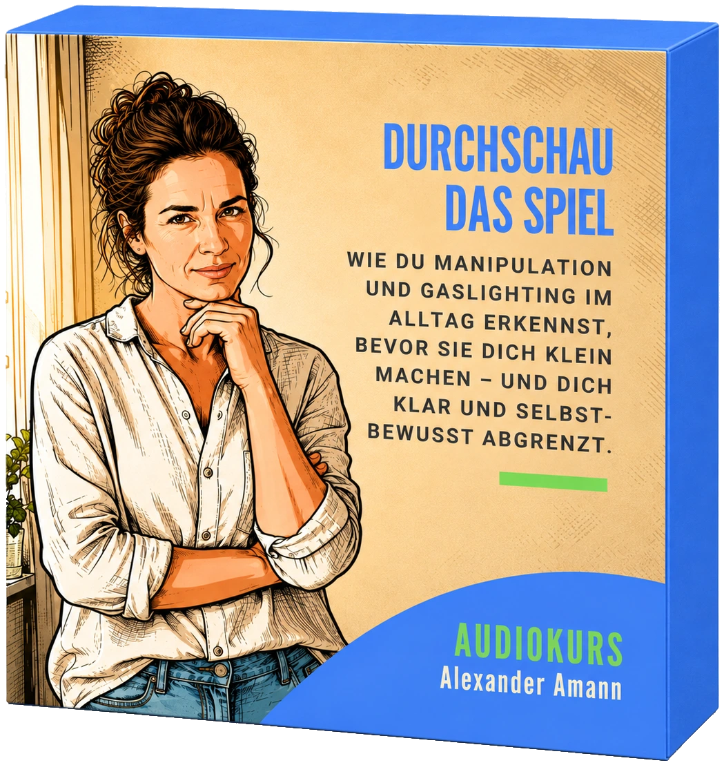 Kursbox des Audiokurses „Durchschau das Spiel“: Eine Frau steht nachdenklich mit der Hand am Kinn vor einem Fenster.