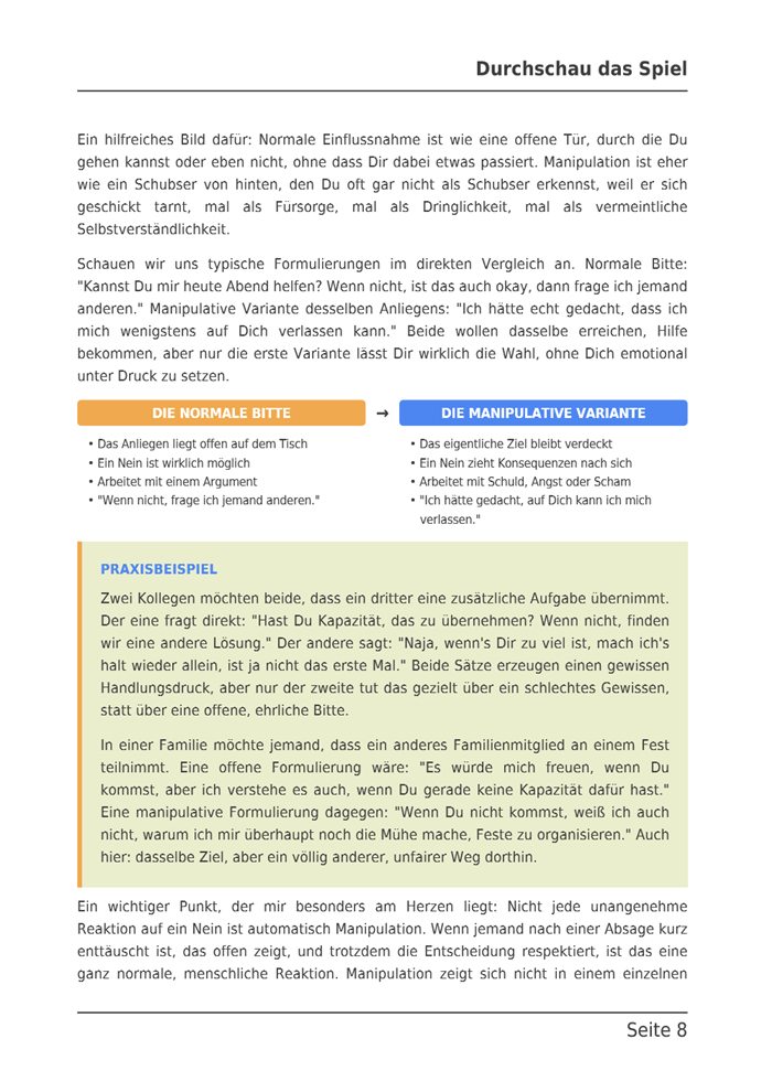 Seite 8 des E-Books: Die normale Bitte und die manipulative Variante in zwei Spalten gegenübergestellt, darunter ein Praxisbeispiel.