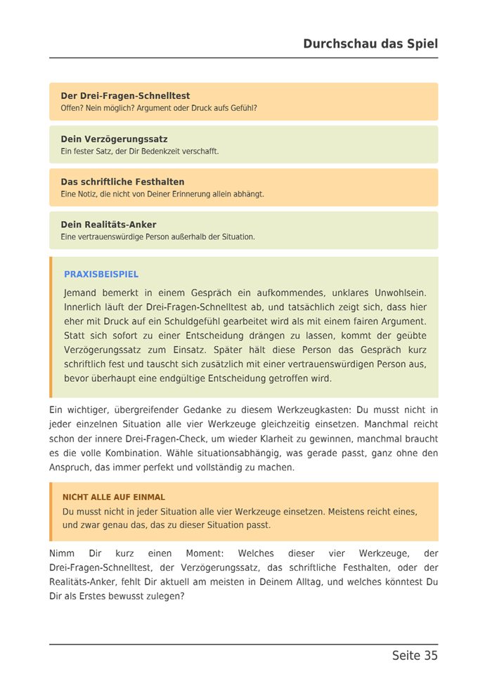 Seite 35 des E-Books: Dein Werkzeugkasten mit vier Werkzeugen in farbigen Kästen, darunter ein Praxisbeispiel.