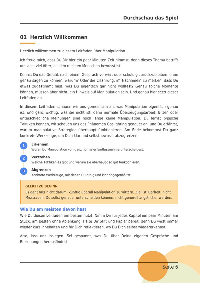 Beispielseite aus dem E-Book: Kapitel 1, Herzlich Willkommen, mit den drei Schritten Erkennen, Verstehen, Abgrenzen.