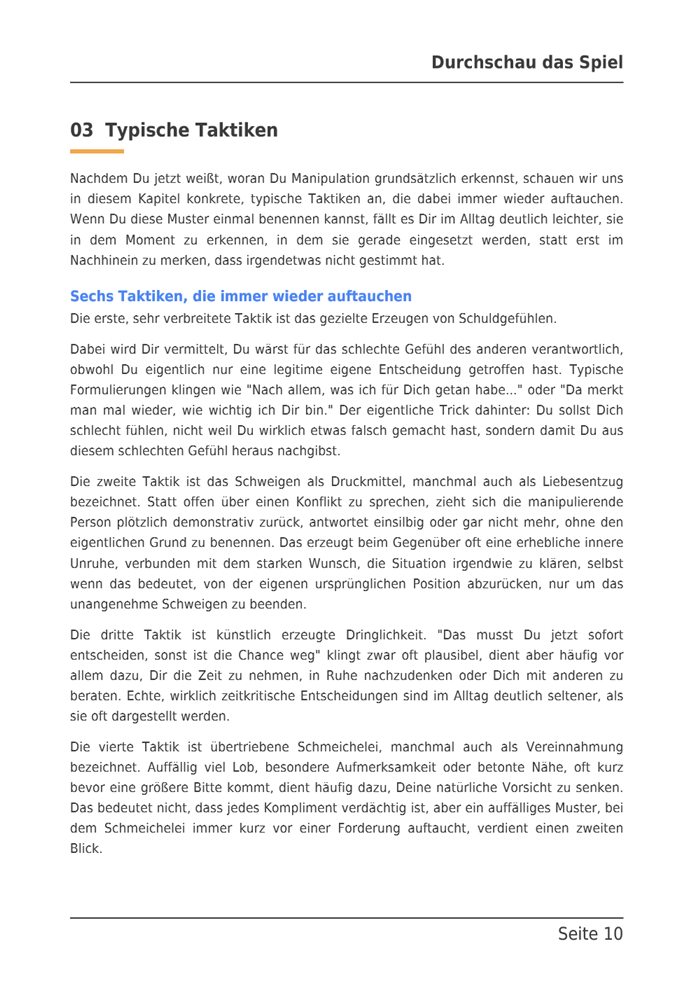 Beispielseite aus dem E-Book: Kapitel 3, Typische Taktiken, die sechs Taktiken im Text.