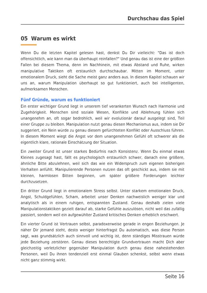 Beispielseite aus dem E-Book: Kapitel 5, Warum es wirkt, fünf Gründe, warum Manipulation funktioniert.
