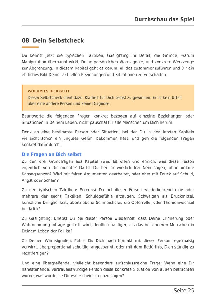 Beispielseite aus dem E-Book: Kapitel 8, Dein Selbstcheck, die Fragen an Dich selbst.