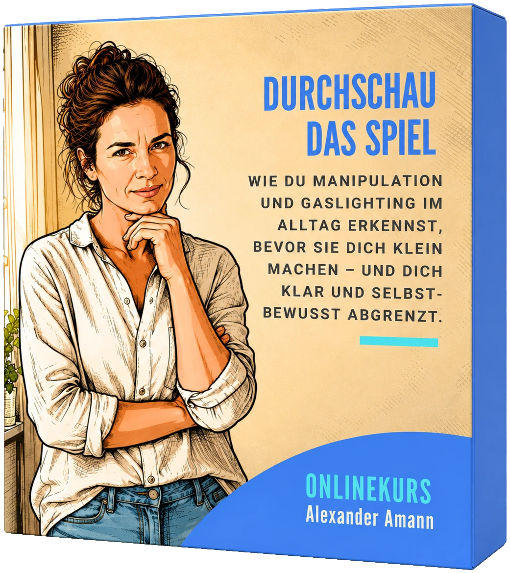 Kursbox des Onlinekurses „Durchschau das Spiel“: Eine Frau steht nachdenklich mit der Hand am Kinn vor einem Fenster.