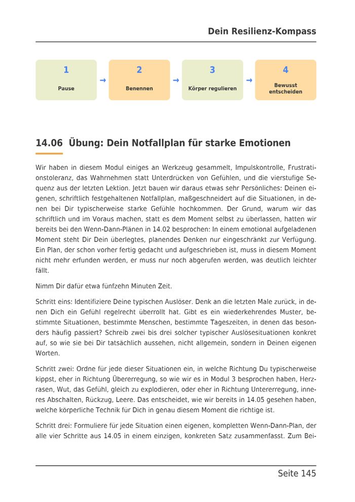 E-Book-Seite mit dem Notfallplan in vier Schritten: Pause, Benennen, Körper regulieren, bewusst entscheiden.
