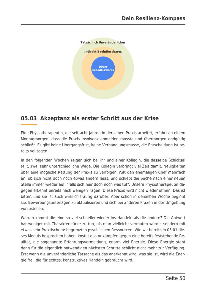 E-Book-Seite mit einem Kreisdiagramm zu Unveränderlichem, indirekt und direkt Beeinflussbarem.