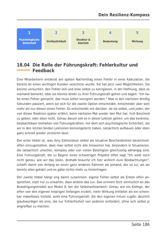 E-Book-Seite mit den fünf Faktoren psychologischer Sicherheit und Text zur Rolle der Führungskraft.