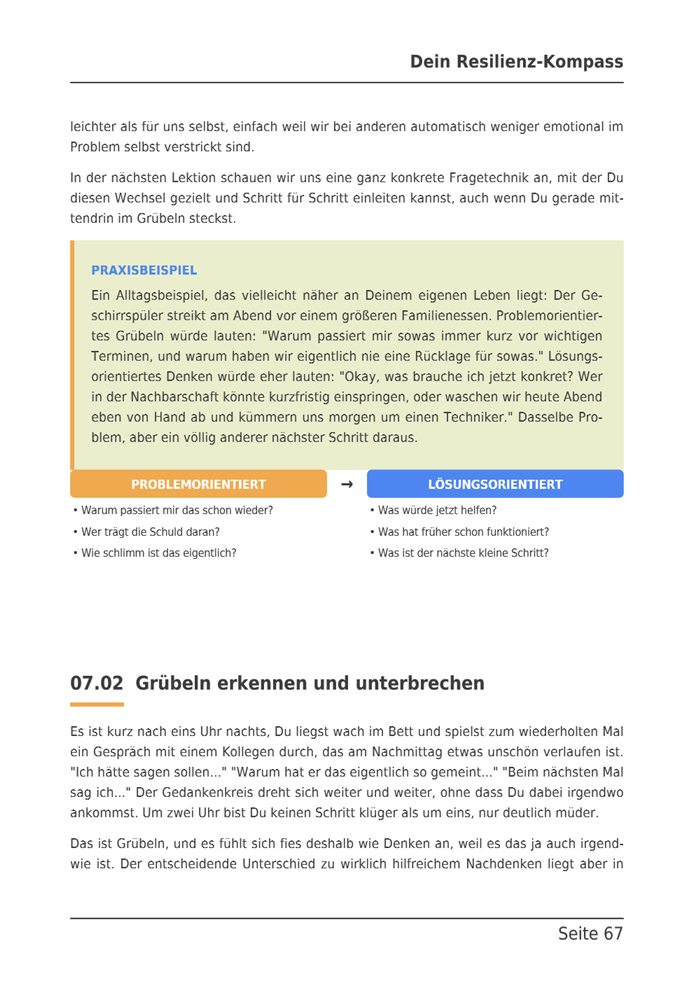 E-Book-Seite mit Praxisbeispiel und der Gegenüberstellung problemorientierter und lösungsorientierter Fragen.