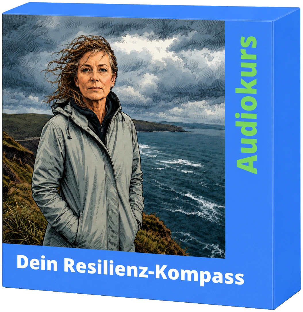 Kursbox des Audiokurses „Dein Resilienz-Kompass“, dasselbe Motiv mit dem Aufdruck Audiokurs.