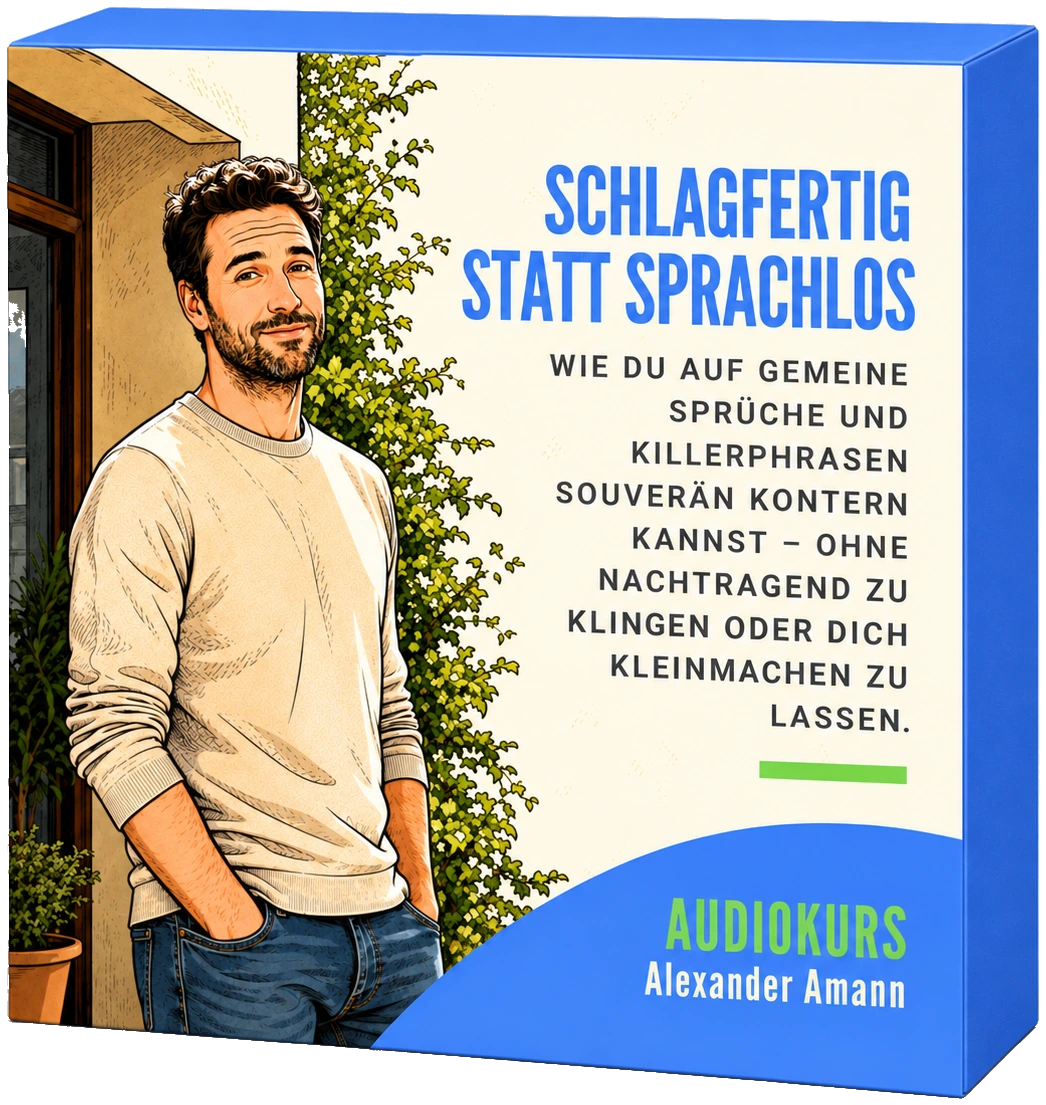 Kursbox des Audiokurses „Schlagfertig statt sprachlos“: Ein Mann lehnt entspannt und gelassen an einer Hauswand.