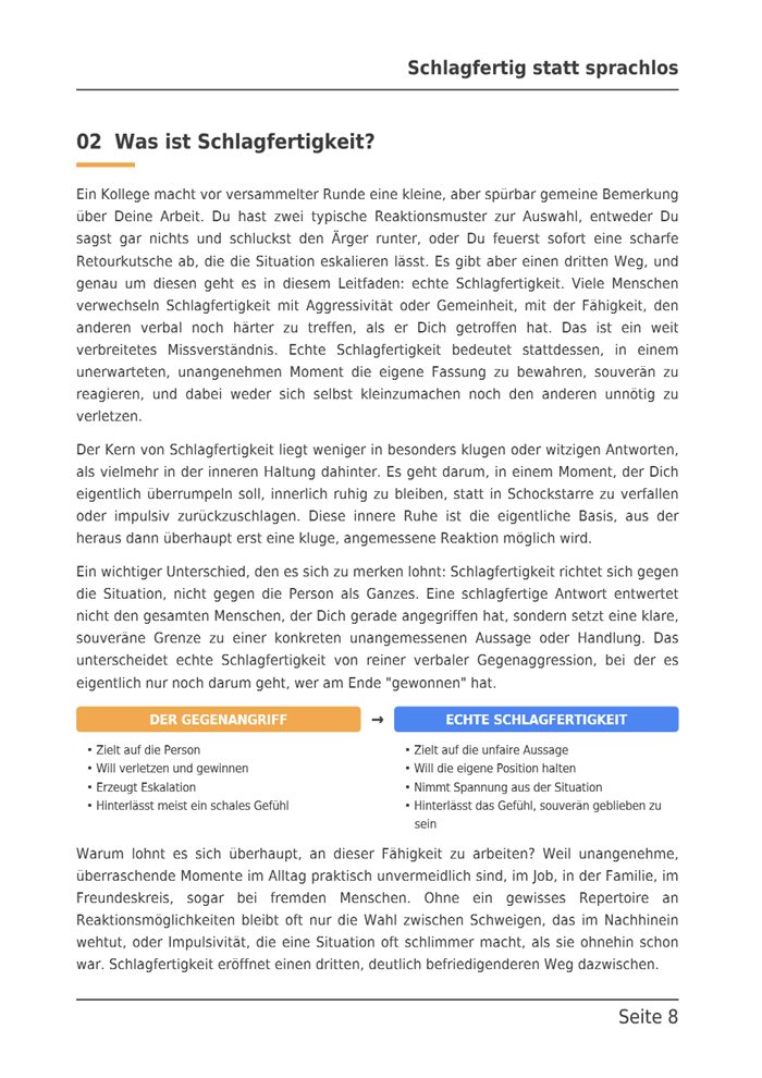 Seite 8 des E-Books: Der Gegenangriff und echte Schlagfertigkeit in zwei Spalten gegenübergestellt.