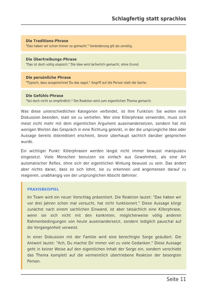 Seite 11 des E-Books: Die vier Kategorien von Killerphrasen in farbigen Kästen, darunter ein Praxisbeispiel.
