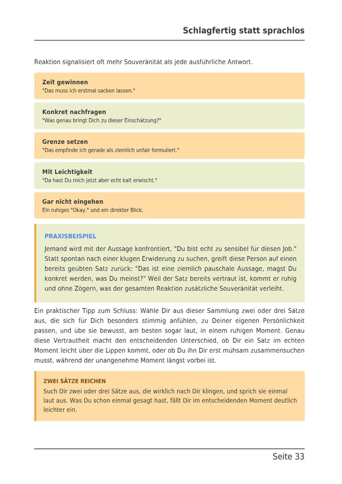 Seite 33 des E-Books: Deine Sprüche-Sammlung, fünf Momente mit je einem fertigen Satz in farbigen Kästen.