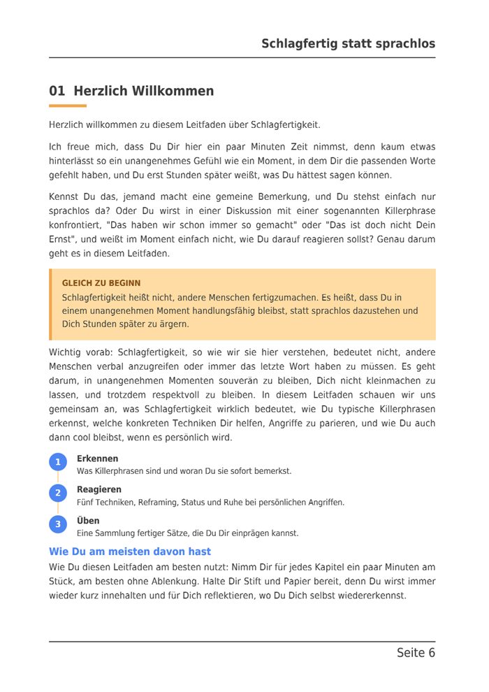 Beispielseite aus dem E-Book: Kapitel 1, Herzlich Willkommen, mit Merkkasten und den drei Schritten Erkennen, Reagieren, Üben.