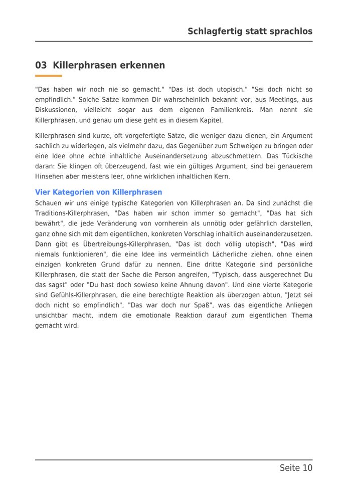 Beispielseite aus dem E-Book: Kapitel 3, Killerphrasen erkennen, die vier Kategorien im Text.