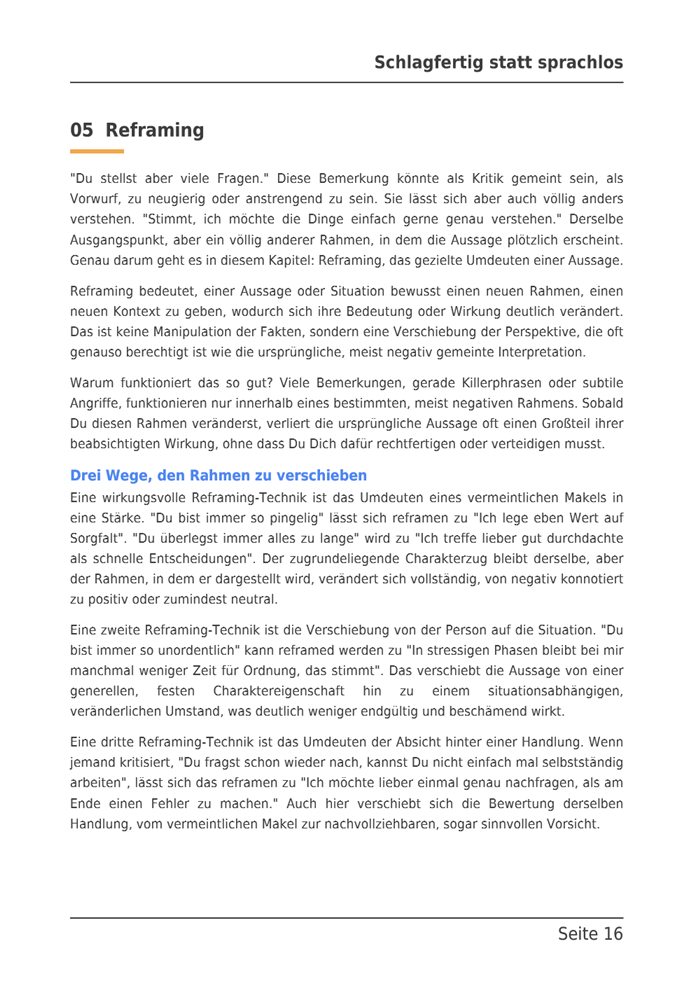 Beispielseite aus dem E-Book: Kapitel 5, Reframing, drei Wege, den Rahmen zu verschieben.