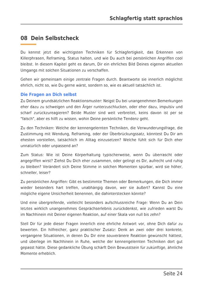 Beispielseite aus dem E-Book: Kapitel 8, Dein Selbstcheck, die Fragen an Dich selbst.