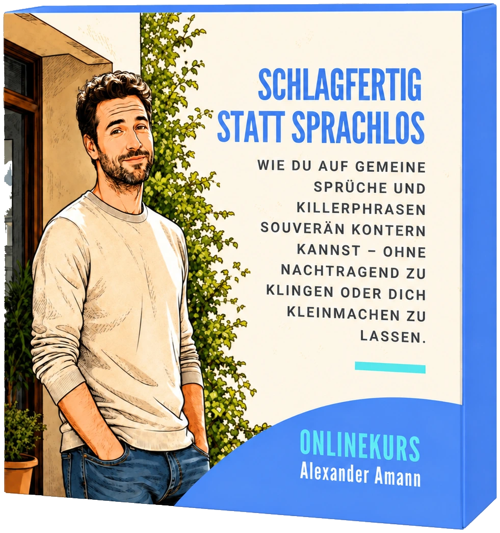 Kursbox des Onlinekurses „Schlagfertig statt sprachlos“: Ein Mann lehnt entspannt und gelassen an einer Hauswand.