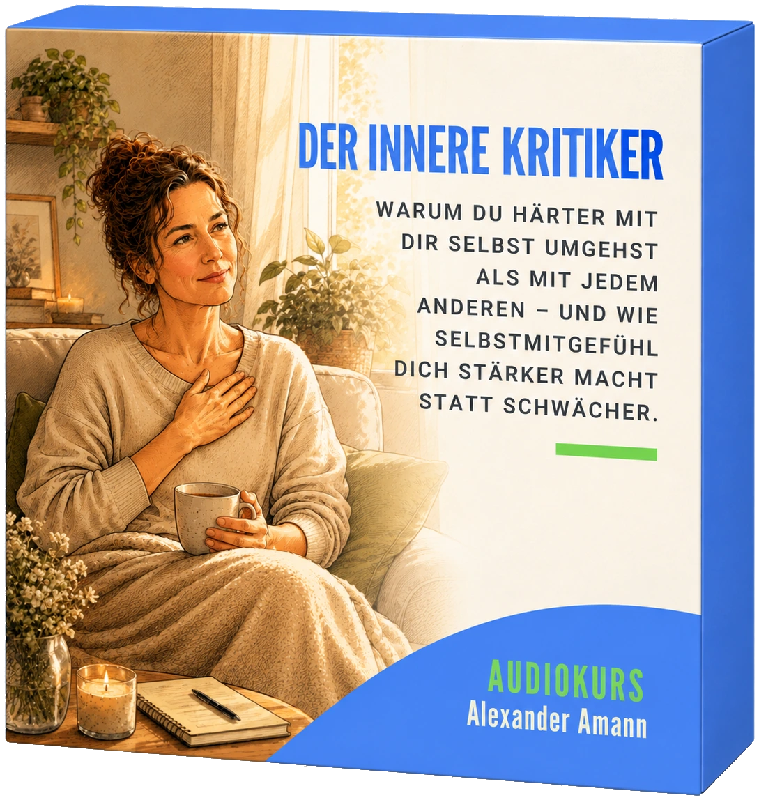 Kursbox des Audiokurses „Der innere Kritiker“: Eine Frau sitzt mit einer Tasse auf dem Sofa, die Hand auf der Brust, und lächelt nachdenklich.