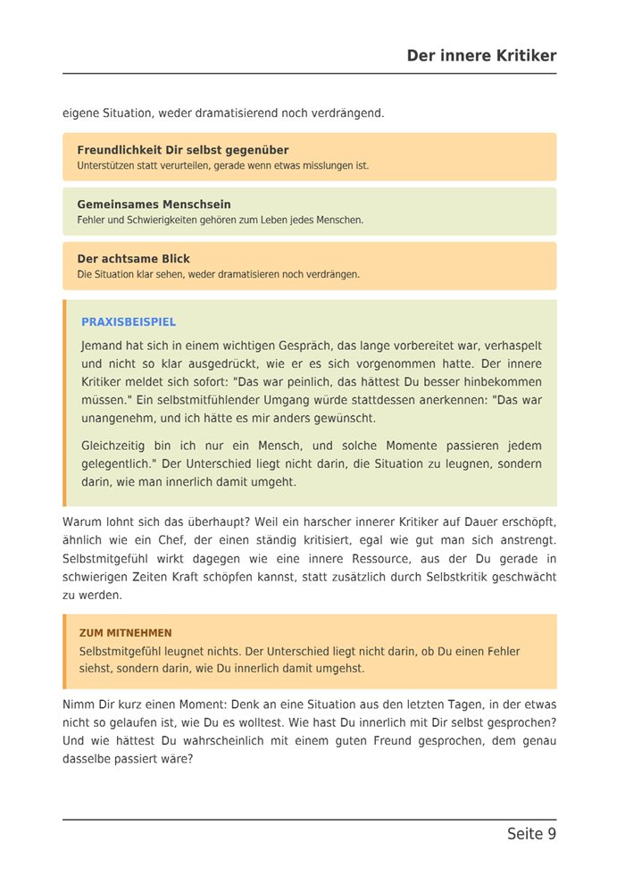 Seite 9 des E-Books: Die drei Bausteine von Selbstmitgefühl in farbigen Kästen, darunter ein Praxisbeispiel.