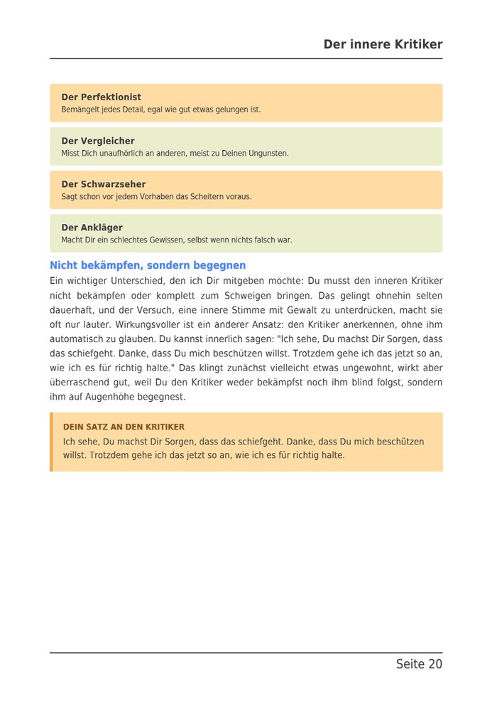 Seite 20 des E-Books: Die vier Gesichter des inneren Kritikers in farbigen Kästen, darunter Dein Satz an den Kritiker.