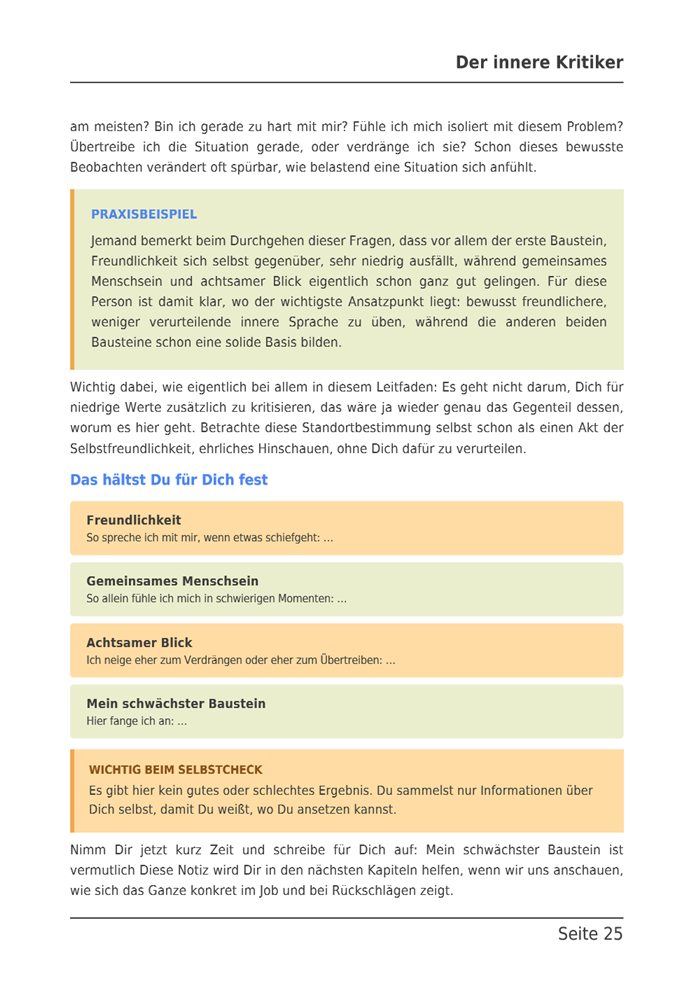 Seite 25 des E-Books: Dein Selbstcheck mit vier Feldern zum Ausfüllen, von Freundlichkeit bis Mein schwächster Baustein.