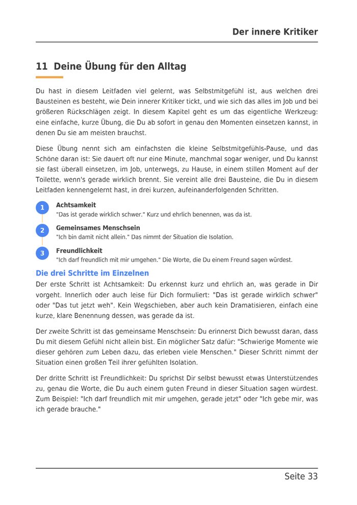 Seite 33 des E-Books: Deine Übung für den Alltag, die kleine Selbstmitgefühls-Pause in drei nummerierten Schritten.