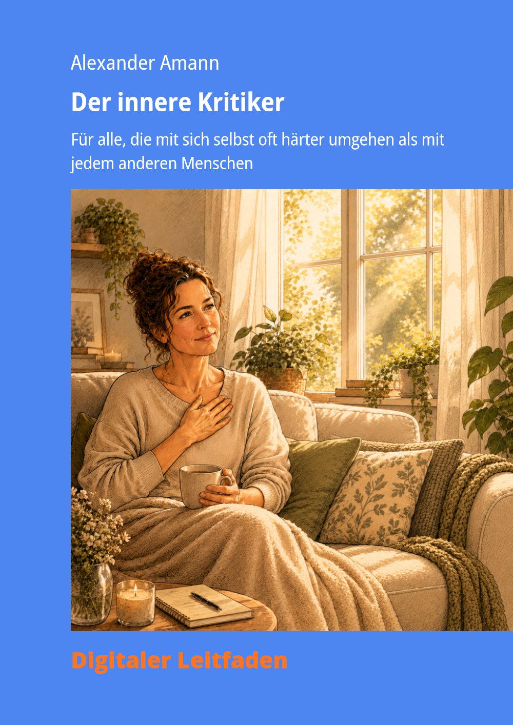 Cover des E-Books „Der innere Kritiker“: Eine Frau sitzt mit einer Tasse auf dem Sofa, die Hand auf der Brust, und lächelt nachdenklich.