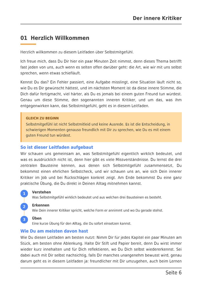 Beispielseite aus dem E-Book: Kapitel 1, Herzlich Willkommen, mit Merkkasten und dem Aufbau des Leitfadens.