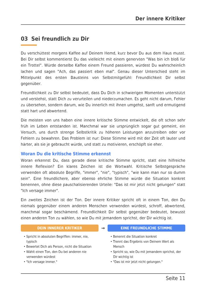 Beispielseite aus dem E-Book: Kapitel 3, Sei freundlich zu Dir, mit der Gegenüberstellung innerer Kritiker und freundliche Stimme.