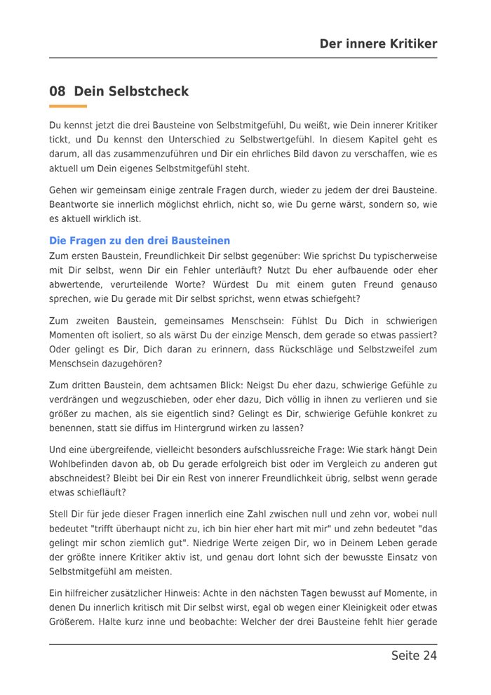 Beispielseite aus dem E-Book: Kapitel 8, Dein Selbstcheck, die Fragen zu den drei Bausteinen.