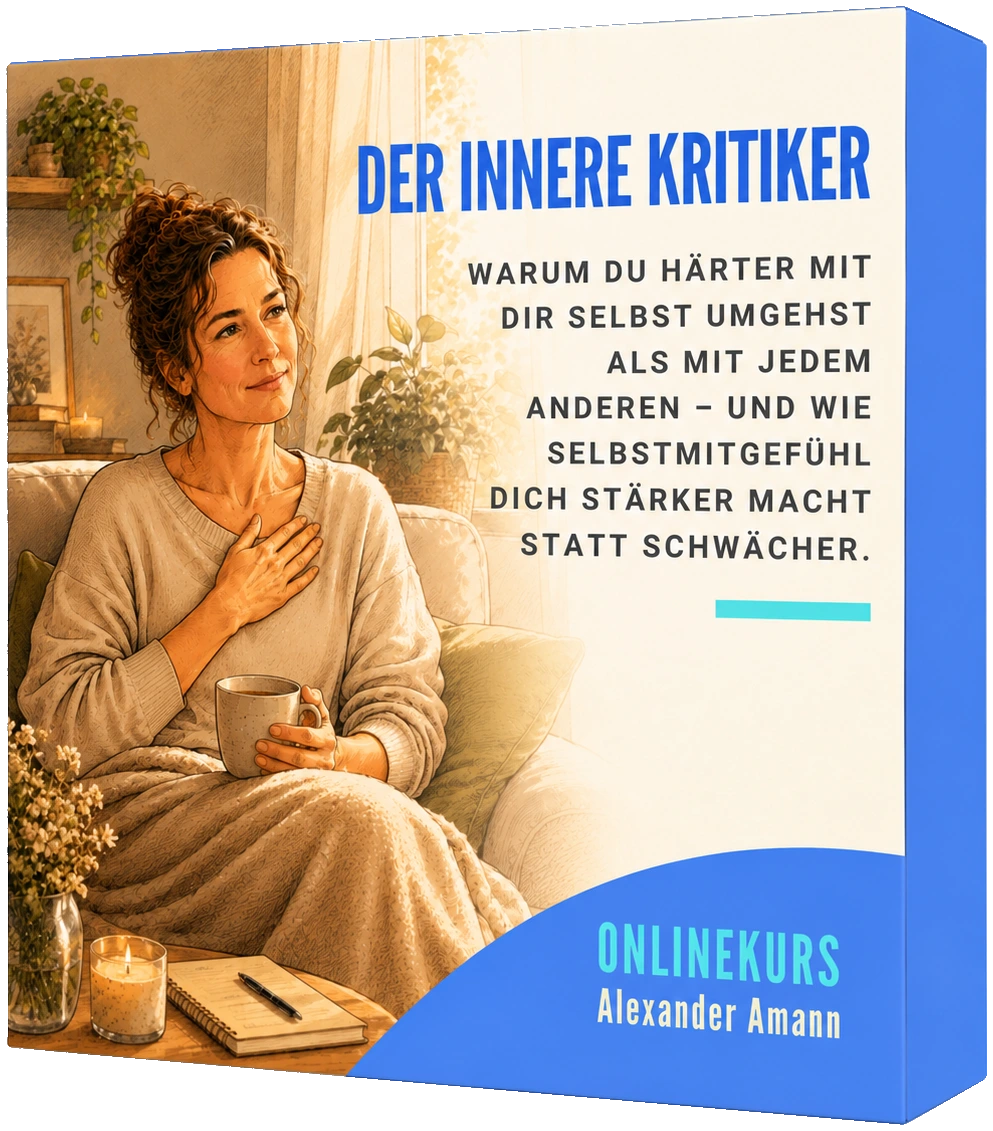 Kursbox des Onlinekurses „Der innere Kritiker“: Eine Frau sitzt mit einer Tasse auf dem Sofa, die Hand auf der Brust, und lächelt nachdenklich.