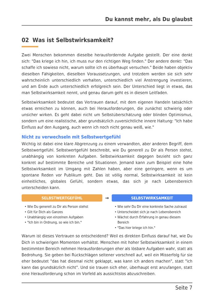 Seite 7 des E-Books: Selbstwertgefühl und Selbstwirksamkeit in zwei Spalten gegenübergestellt.