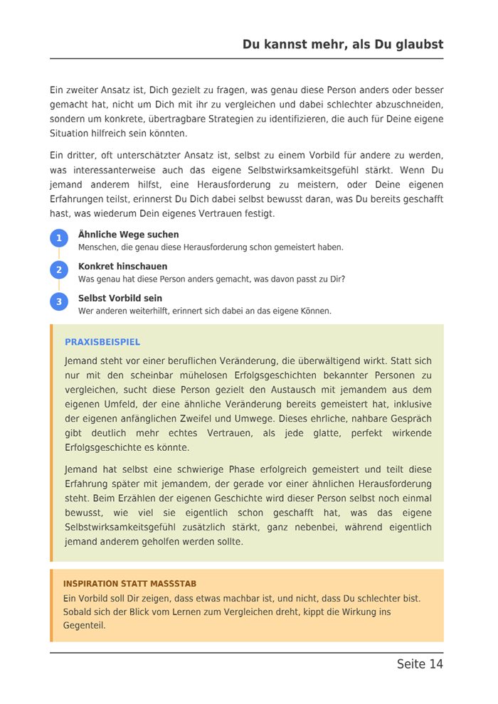 Seite 14 des E-Books: Vorbilder nutzen, drei nummerierte Ansätze, Praxisbeispiel und der Merkkasten Inspiration statt Maßstab.