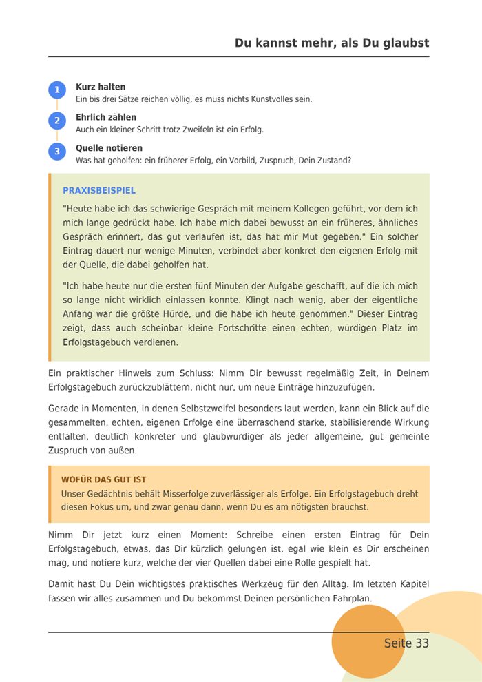 Seite 33 des E-Books: Dein Erfolgstagebuch, drei nummerierte Regeln, zwei Beispieleinträge und ein Merkkasten.