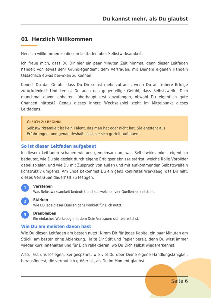 Beispielseite aus dem E-Book: Kapitel 1, Herzlich Willkommen, mit Merkkasten und dem Aufbau des Leitfadens.