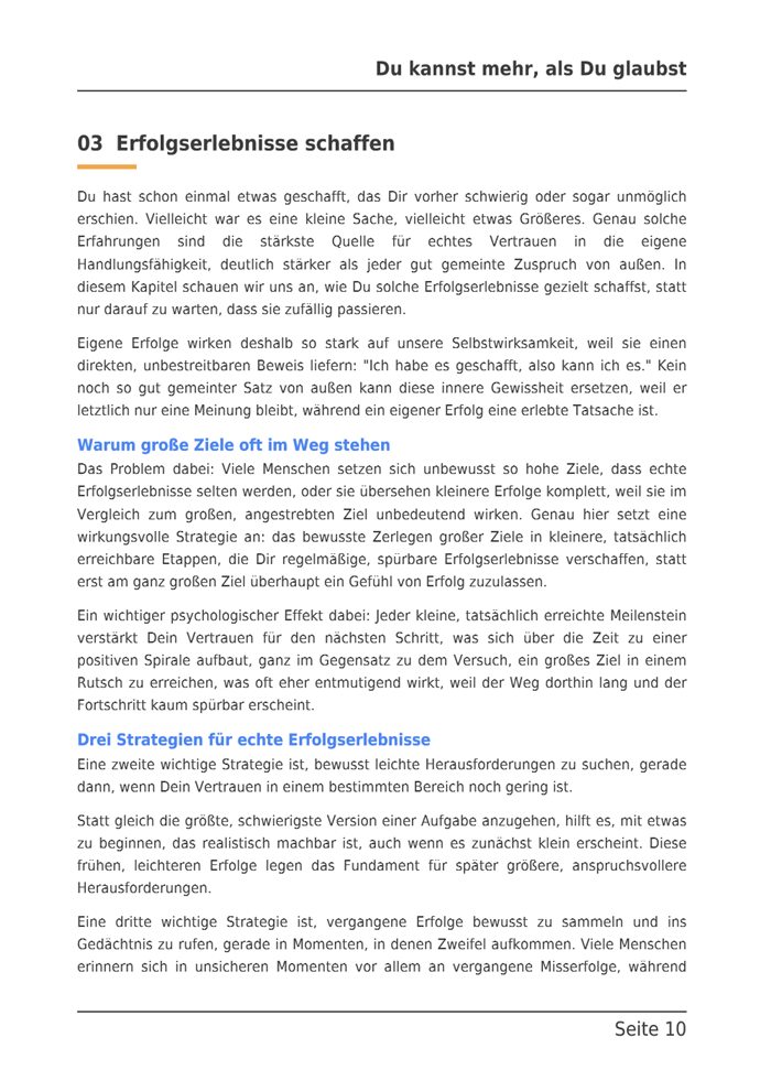 Beispielseite aus dem E-Book: Kapitel 3, Erfolgserlebnisse schaffen, warum große Ziele oft im Weg stehen.