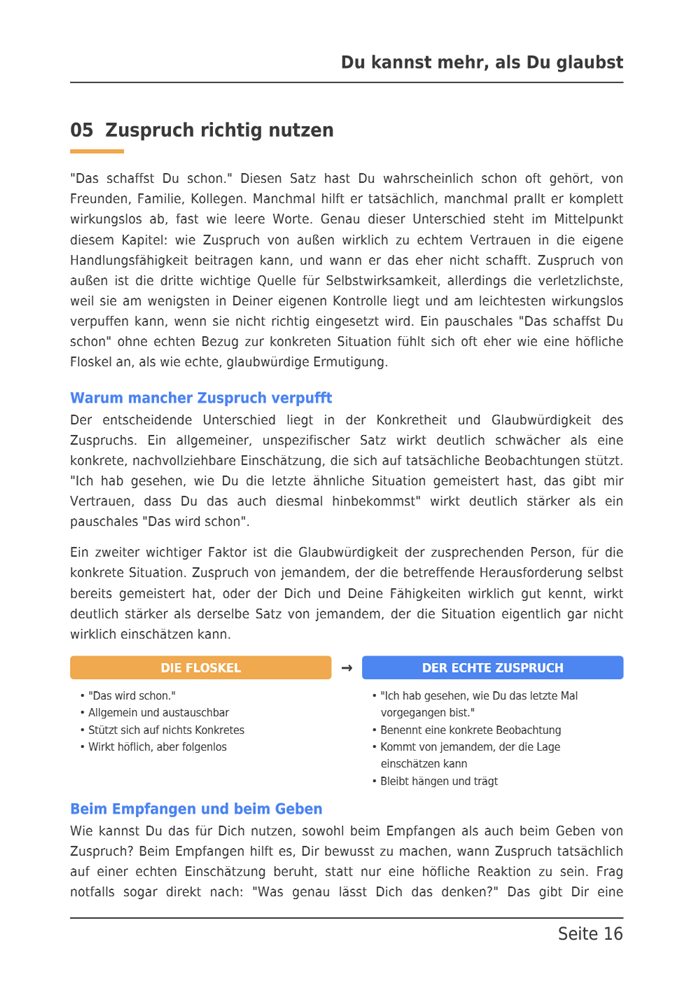 Beispielseite aus dem E-Book: Kapitel 5, Zuspruch richtig nutzen, mit der Gegenüberstellung Floskel und echter Zuspruch.